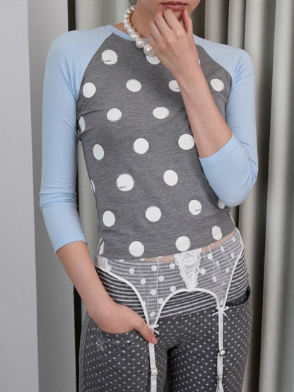 Color-Block Patchwork Polka Dot Print Raglan T-shirt