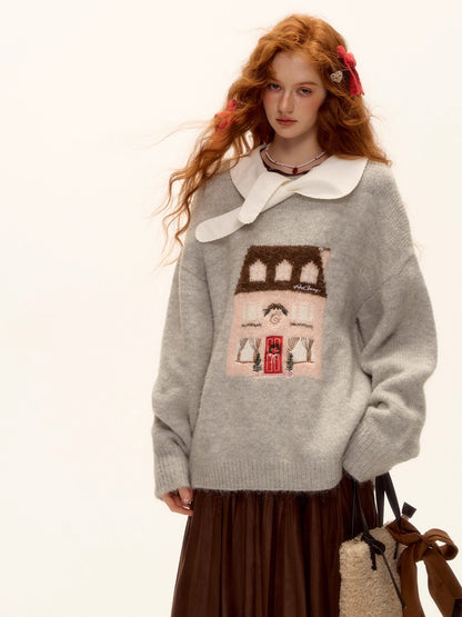 Wool Blend Embroidered Jacquard Knit Sweater