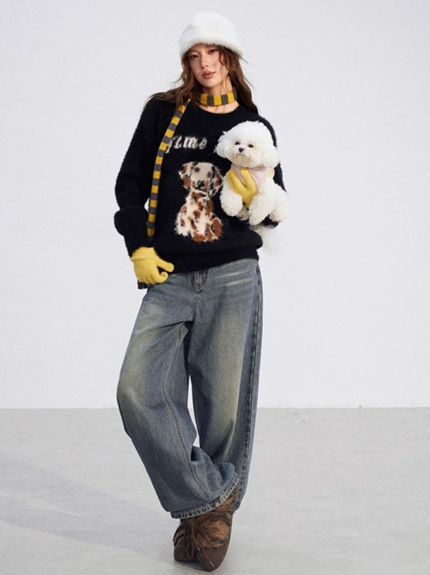 Cartoon Puppy Plush Knit Sweater