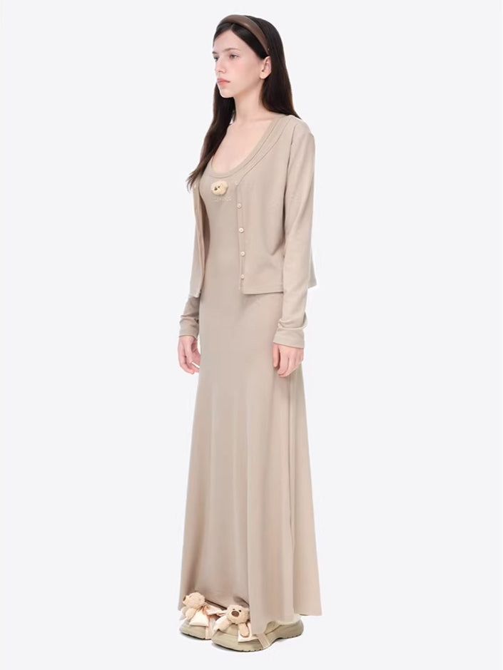 Waist-Tie Cardigan Two-Piece Long Dress Set
