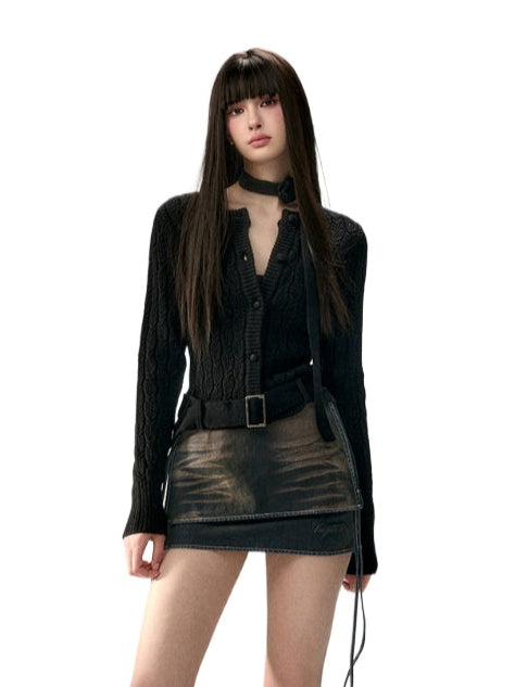 Belted Hollow Out Knit Sweater - CHINASQUAD