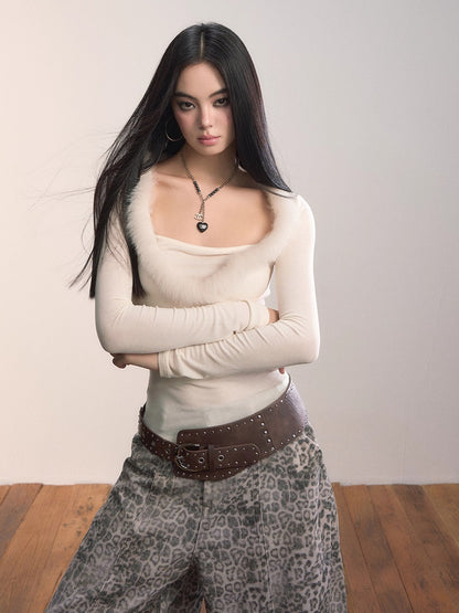 Fox Fur Scarf Trim Two-Piece Knitwear