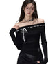 Black & Brown Off-shoulder Knitted Long Sleeve T-shirt - CHINASQUAD