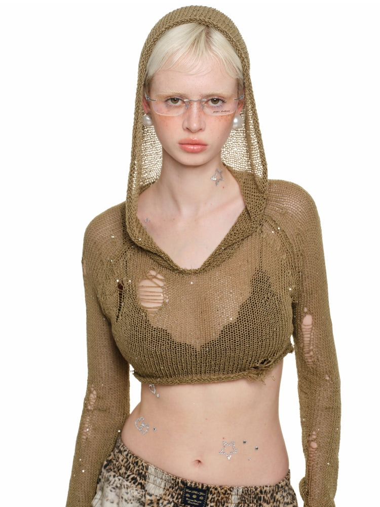 Hollow Sequin Crop Hoodie