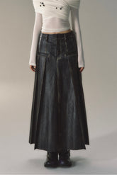 Black Pleated Leather Maxi Skirt - CHINASQUAD