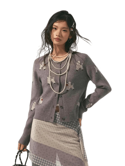 Scarf-Inspired Puppy Jacquard Knit Cardigan