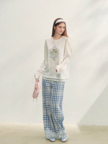 Lace Panel Checked Straight-Leg Pants - CHINASQUAD