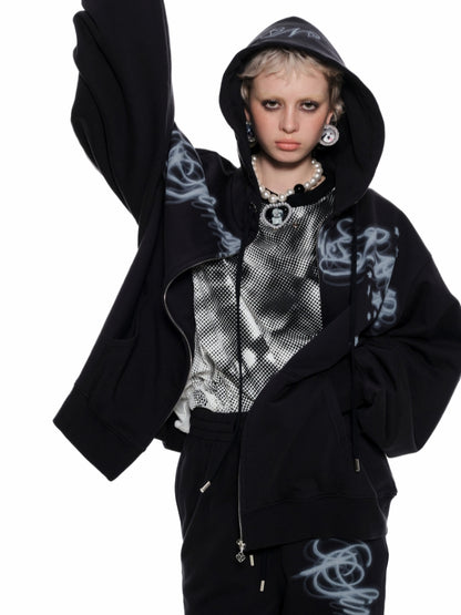 Spray-painted Letter Print Loose Zip-up Hoodie