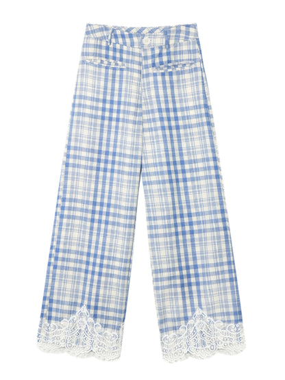 Lace Panel Checked Straight-Leg Pants - CHINASQUAD