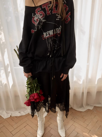 Asymmetric Graphic Drawstring Hoodie