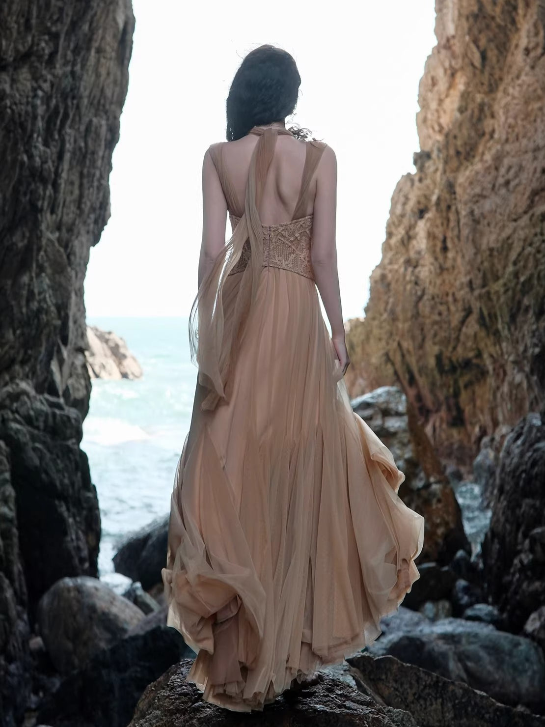 Heavy Lace Halter Corset Mesh Maxi Dress