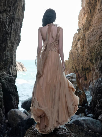 Heavy Lace Halter Corset Mesh Maxi Dress