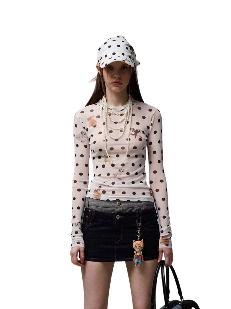 Polka Dot Pet Print Mock Neck T-Shirt