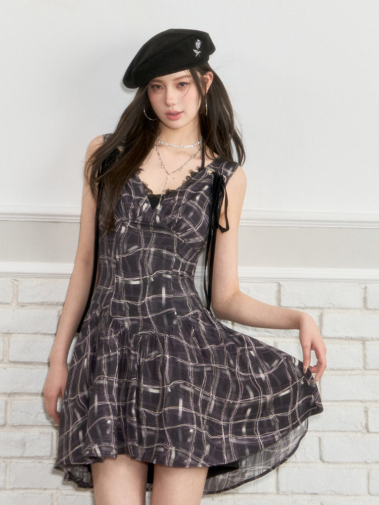Tie-up Plaid Sleeveless Dress - CHINASQUAD