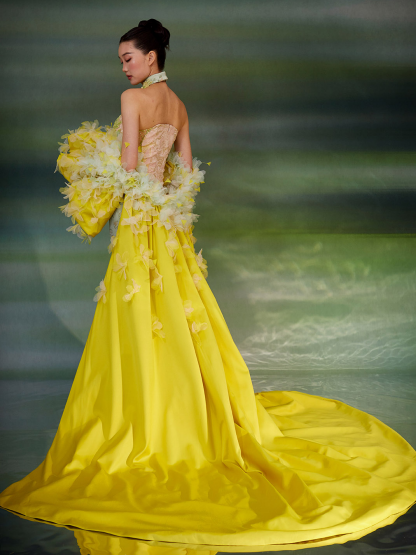 Embroidered Mermaid Gown with Detachable Floral Cape