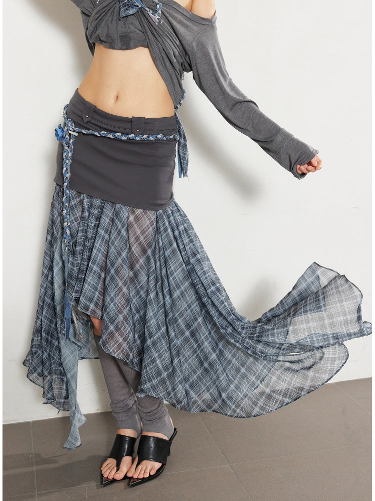 Checkered Mesh Spliced Midi Skirt