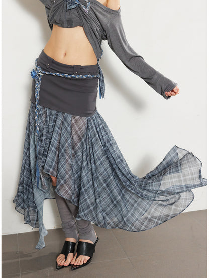 Checkered Mesh Spliced Midi Skirt