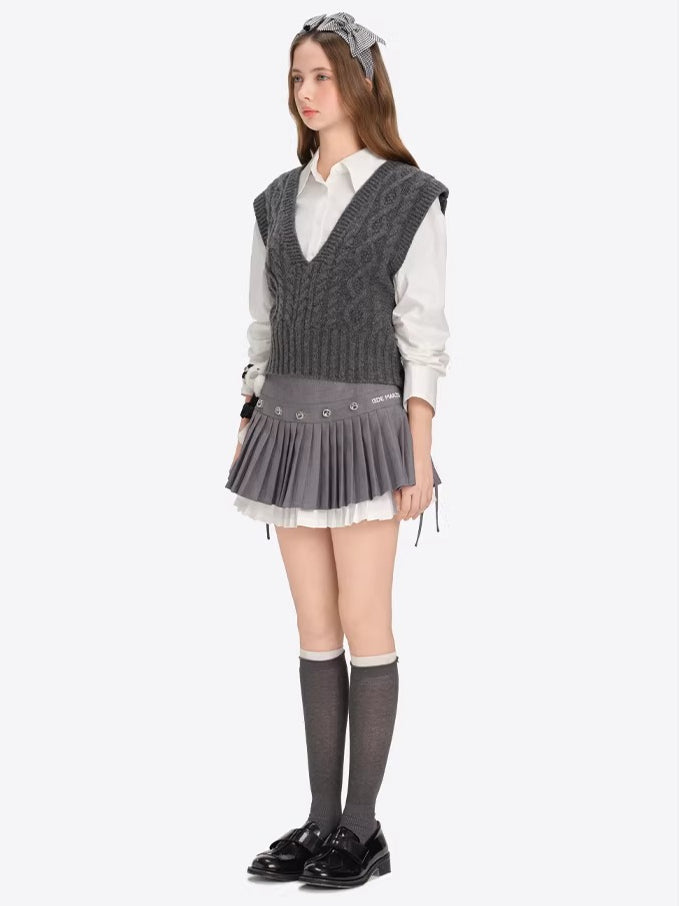 Rhinestone-Embellished Double-Layer Pleated Mini Skirt