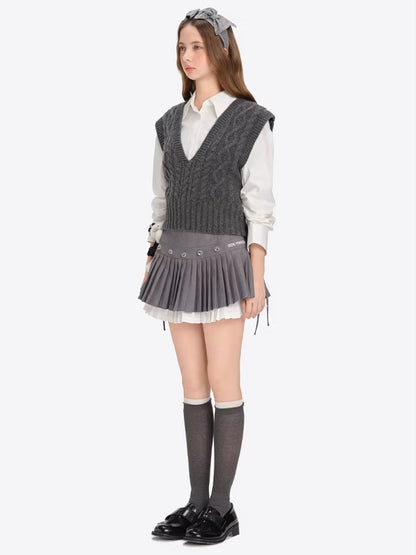 Rhinestone-Embellished Double-Layer Pleated Mini Skirt