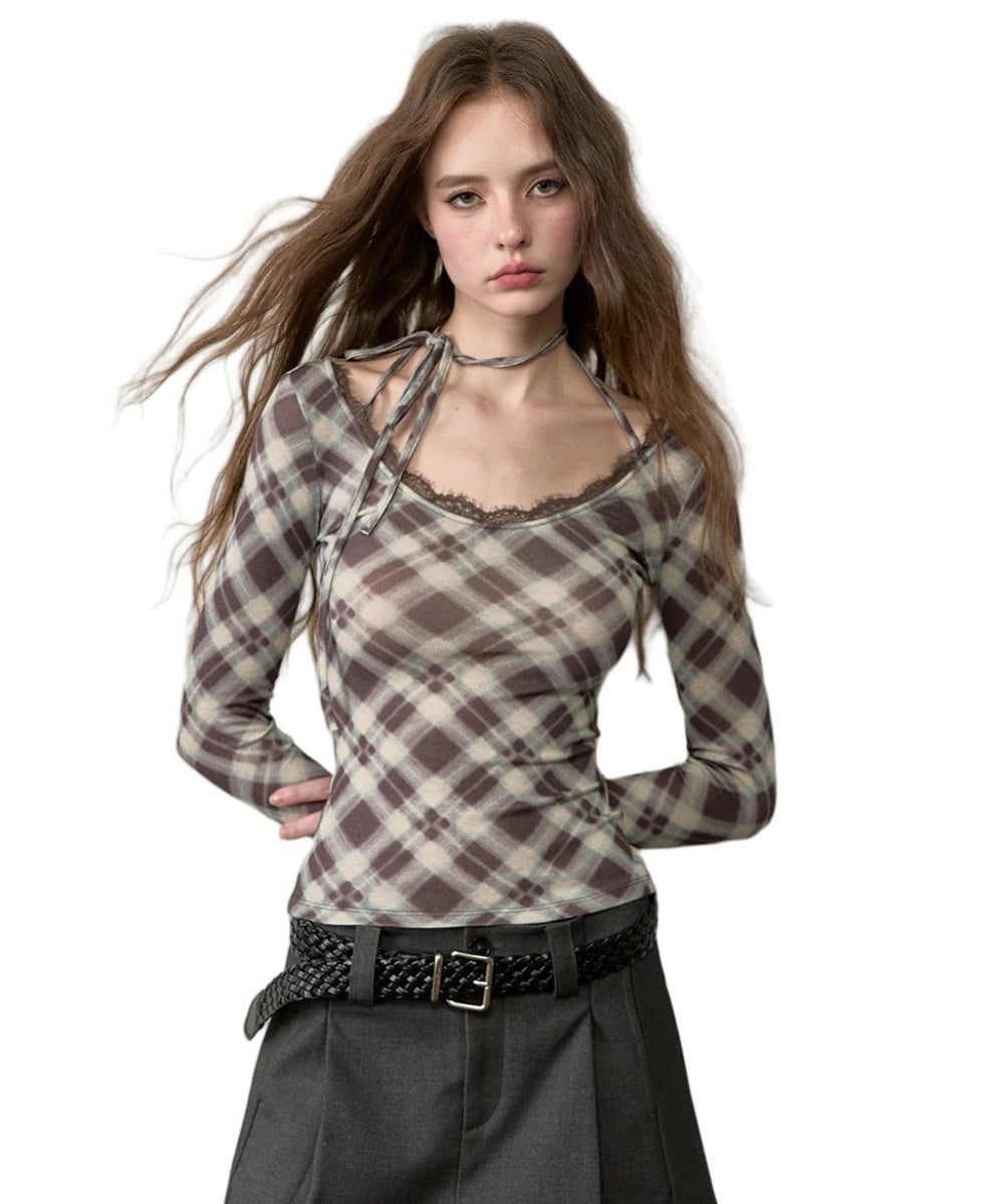 Halter Tie Plaid Long Sleeve T-Shirt