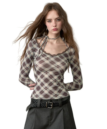 Halter Tie Plaid Long Sleeve T-Shirt