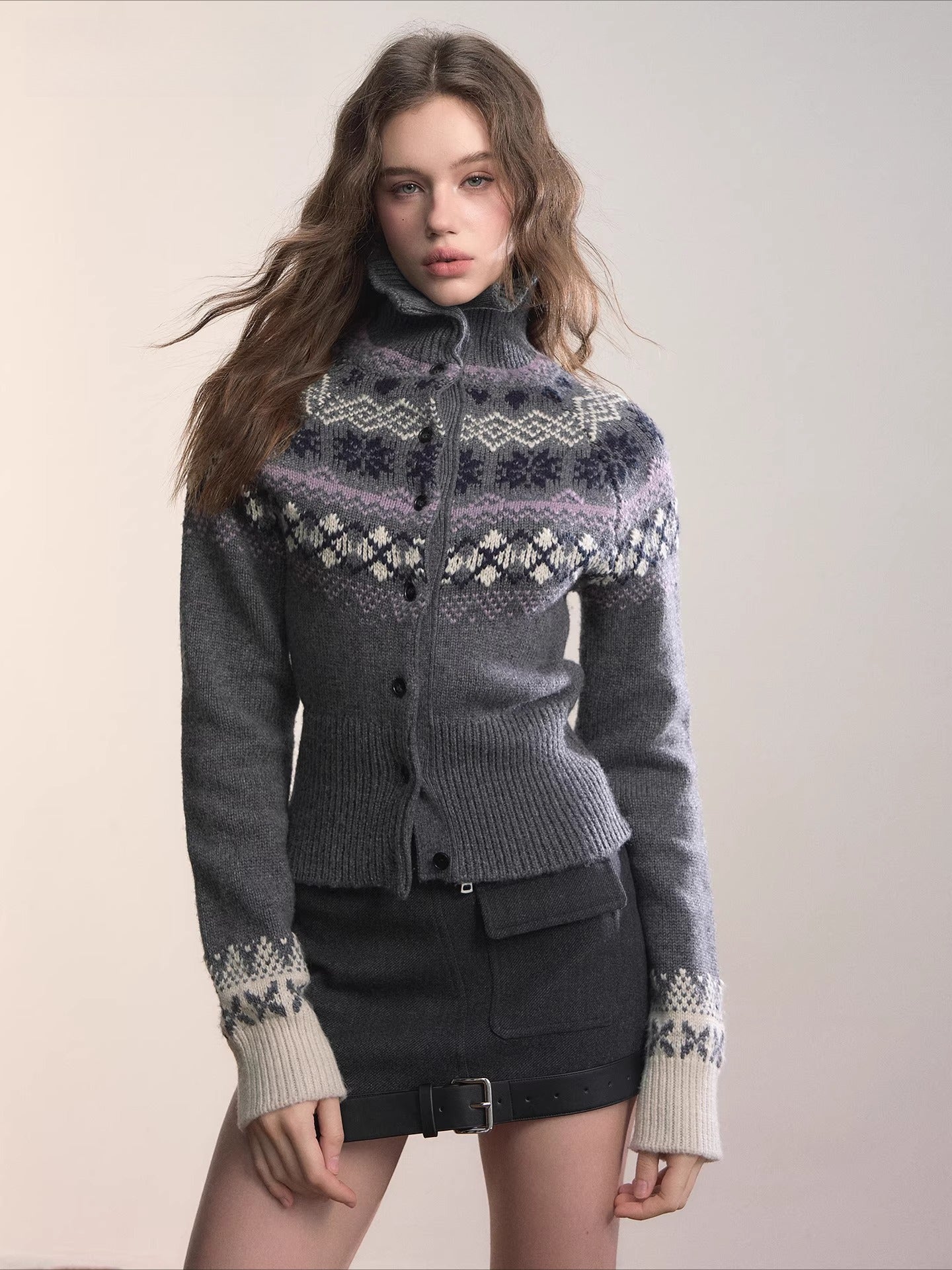 Fair Isle Wool-Blend Turtleneck Knit Cardigan