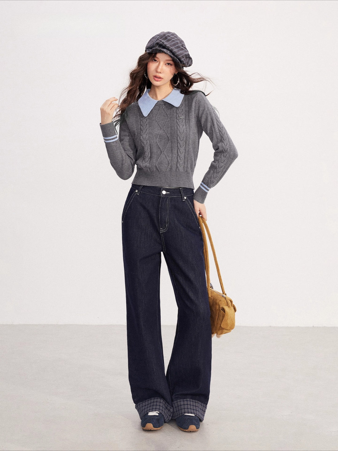 Contrast-Collar Cable-Knit Polo Sweater