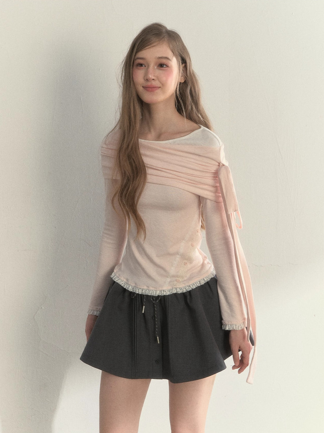Asymmetric Off-Shoulder Bow-Tie Knit T-Shirt