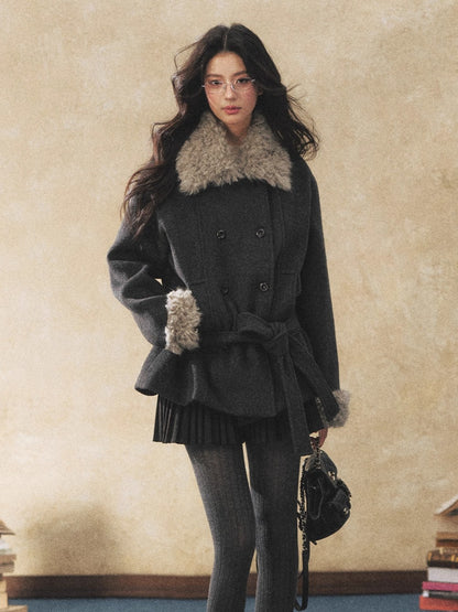 Fur Collar Tie-Waist Wool-Blend Jacket
