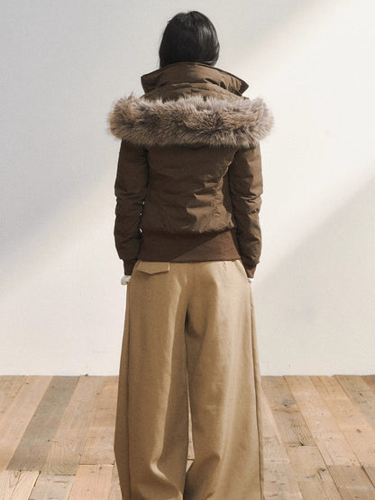Two-Tone Faux Fur Collar Hooded Duffle Puffer Jacket