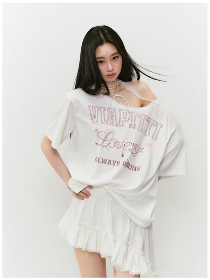 Off-shoulder Letter Hollow-out Spliced T-shirt - CHINASQUAD