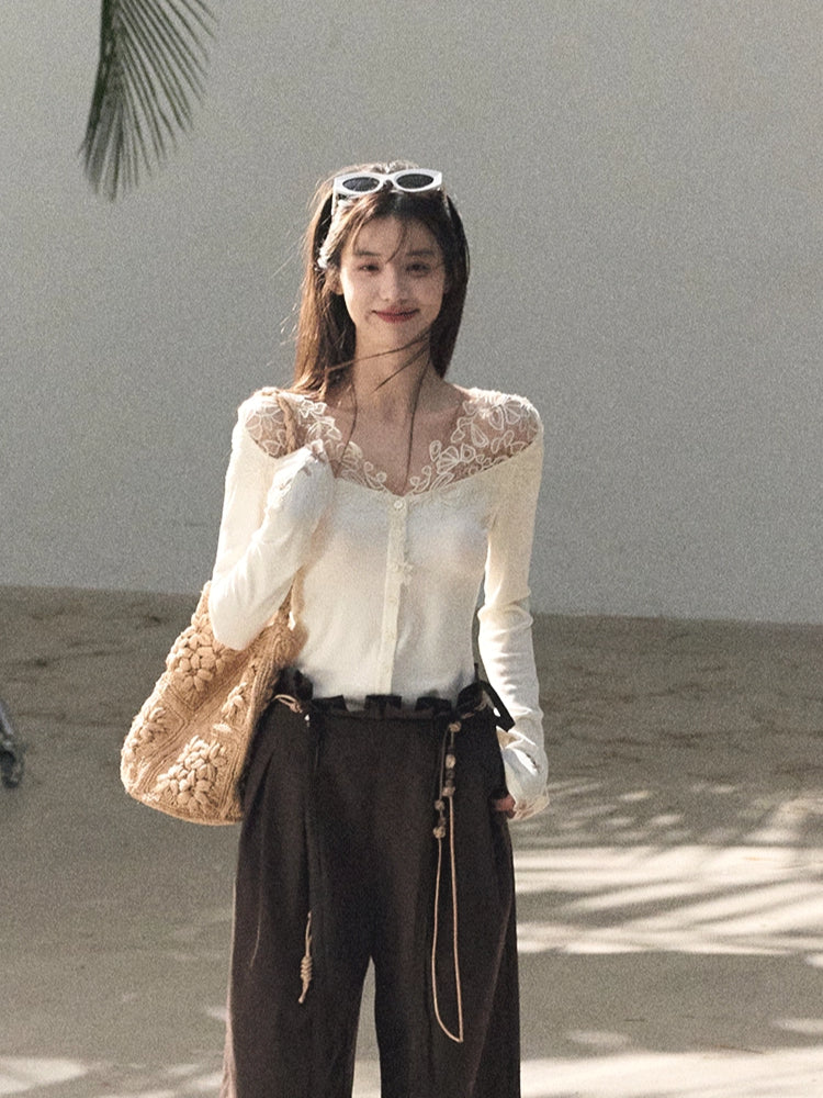 Sculpted Lace-Trim V-Neck Fitted Knit Cardigan