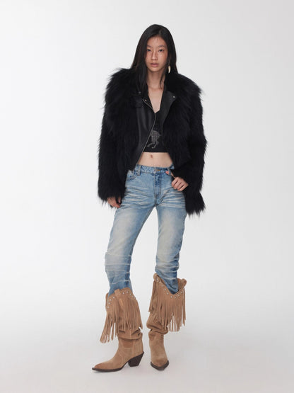 Raccoon Fur Oversized Lapel Woven Coat