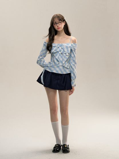 Blue Checkered Detachable Sleeve Off-shoulder Shirt