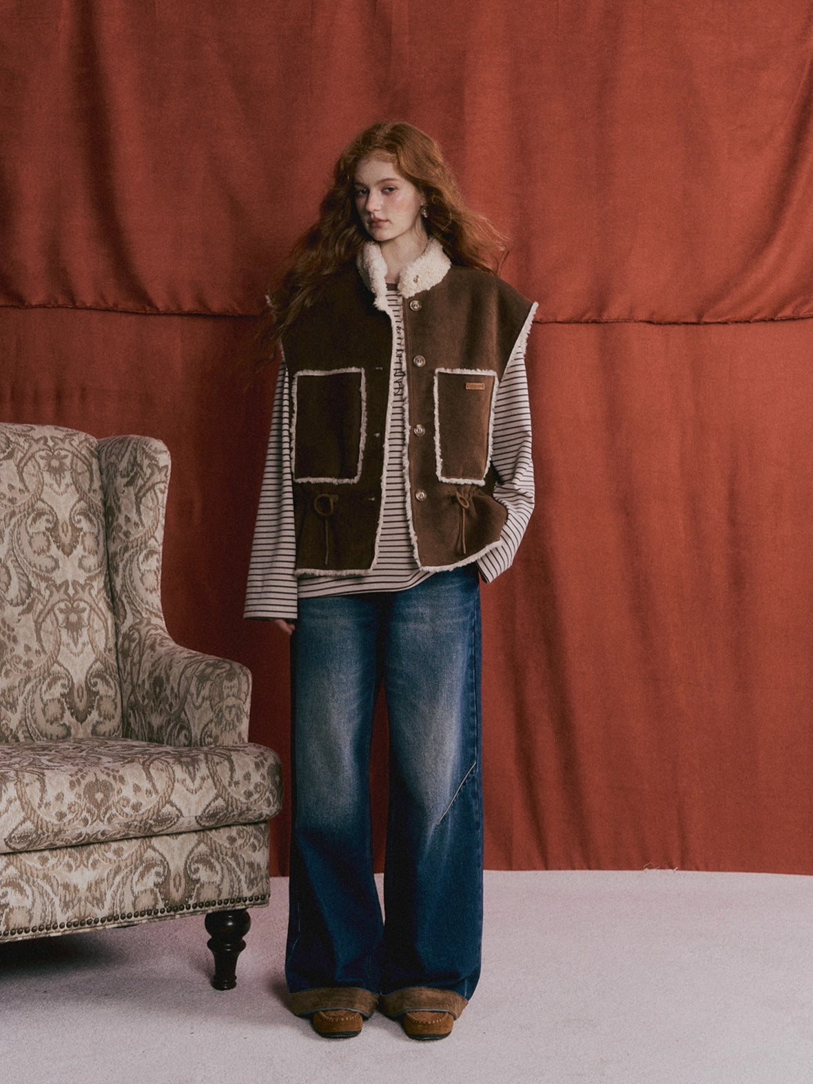 Reversible Faux Shearling Suede Drawstring Vest