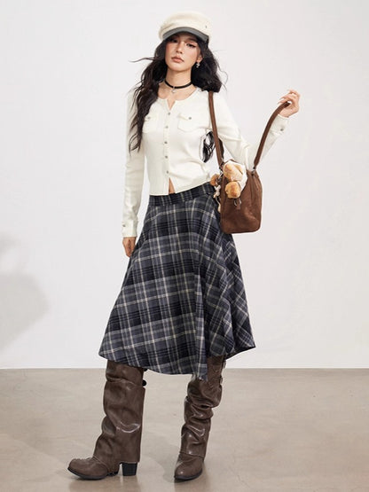 Asymmetrical Wool Plaid Midi Skirt