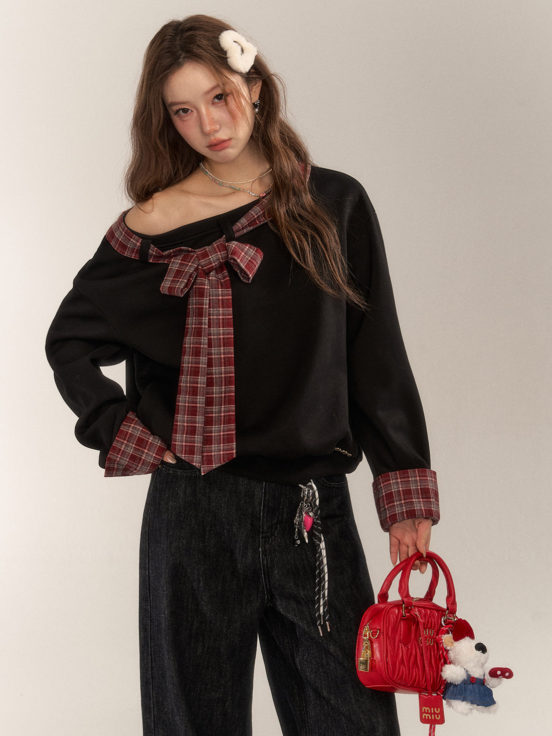 Plaid Patchwork Bow Sweatshirt