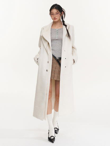 Cream Double-Breasted Leather Strap Wool Coat