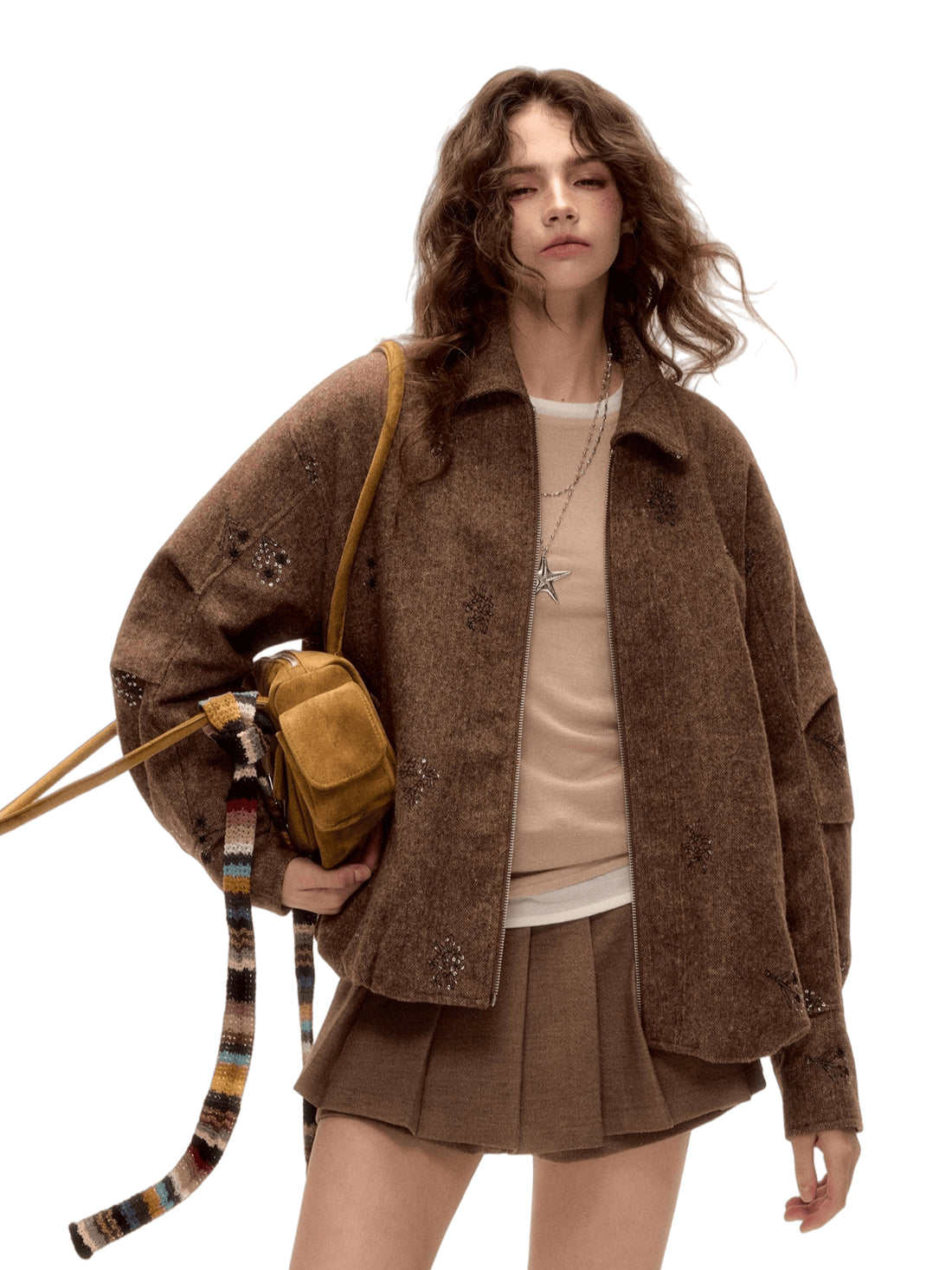 Sequin Embroidered Plaid Wool Blouson Jacket