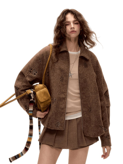 Sequin Embroidered Plaid Wool Blouson Jacket