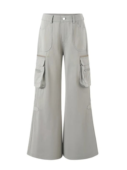 Gray-Green 3D Pockets Cargo Zipper Flare Pants