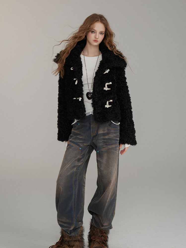 Horn Button Curly Fur Thick Short Jacket