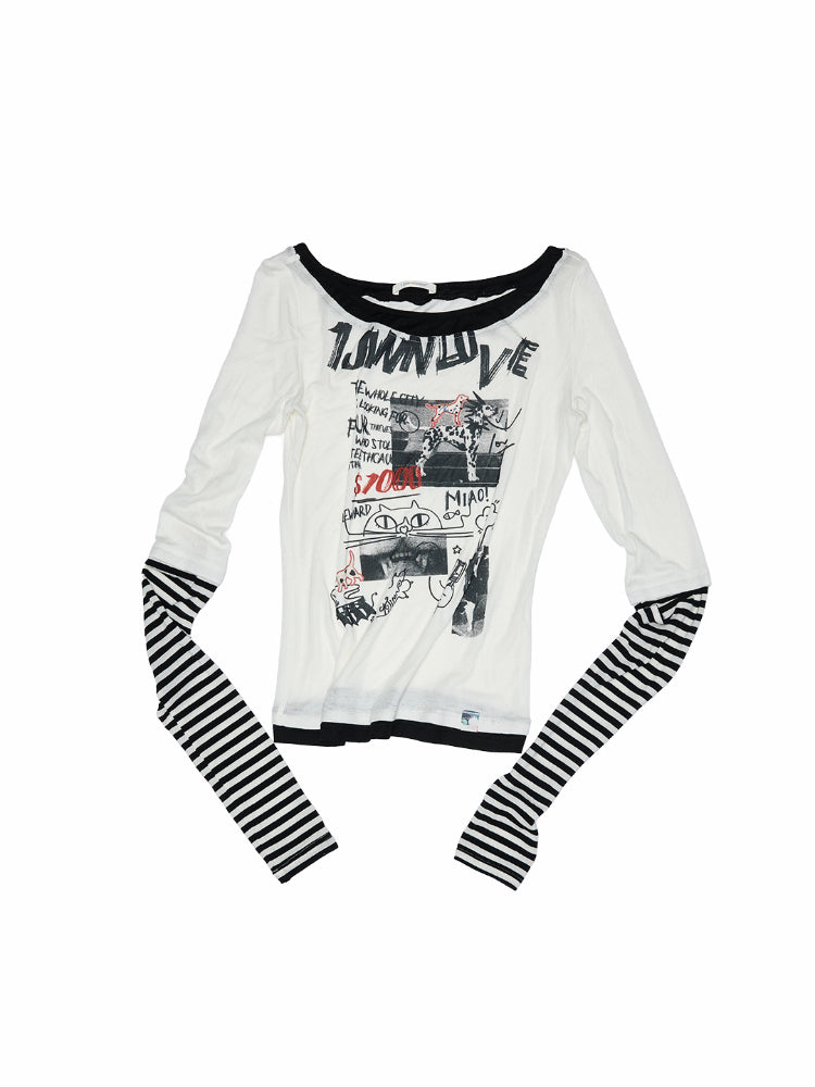 Striped Fake Two-Piece Graffiti Printed T-shirt - CHINASQUAD