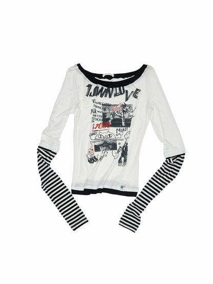 Striped Fake Two-Piece Graffiti Printed T-shirt - CHINASQUAD