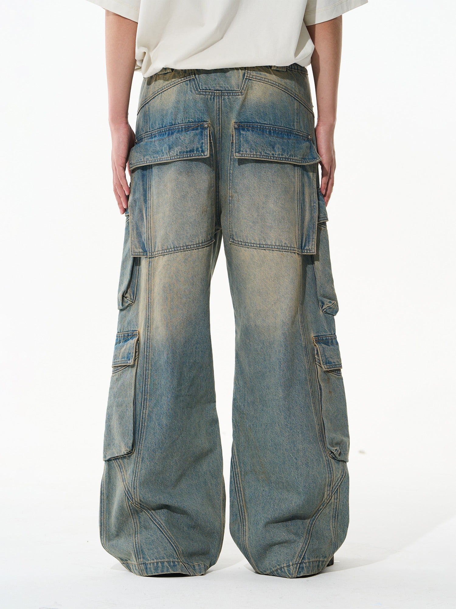 Washed Pocket-Panel Straight-Leg Denim Cargo Pants