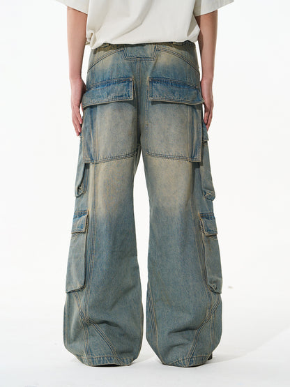 Washed Pocket-Panel Straight-Leg Denim Cargo Pants