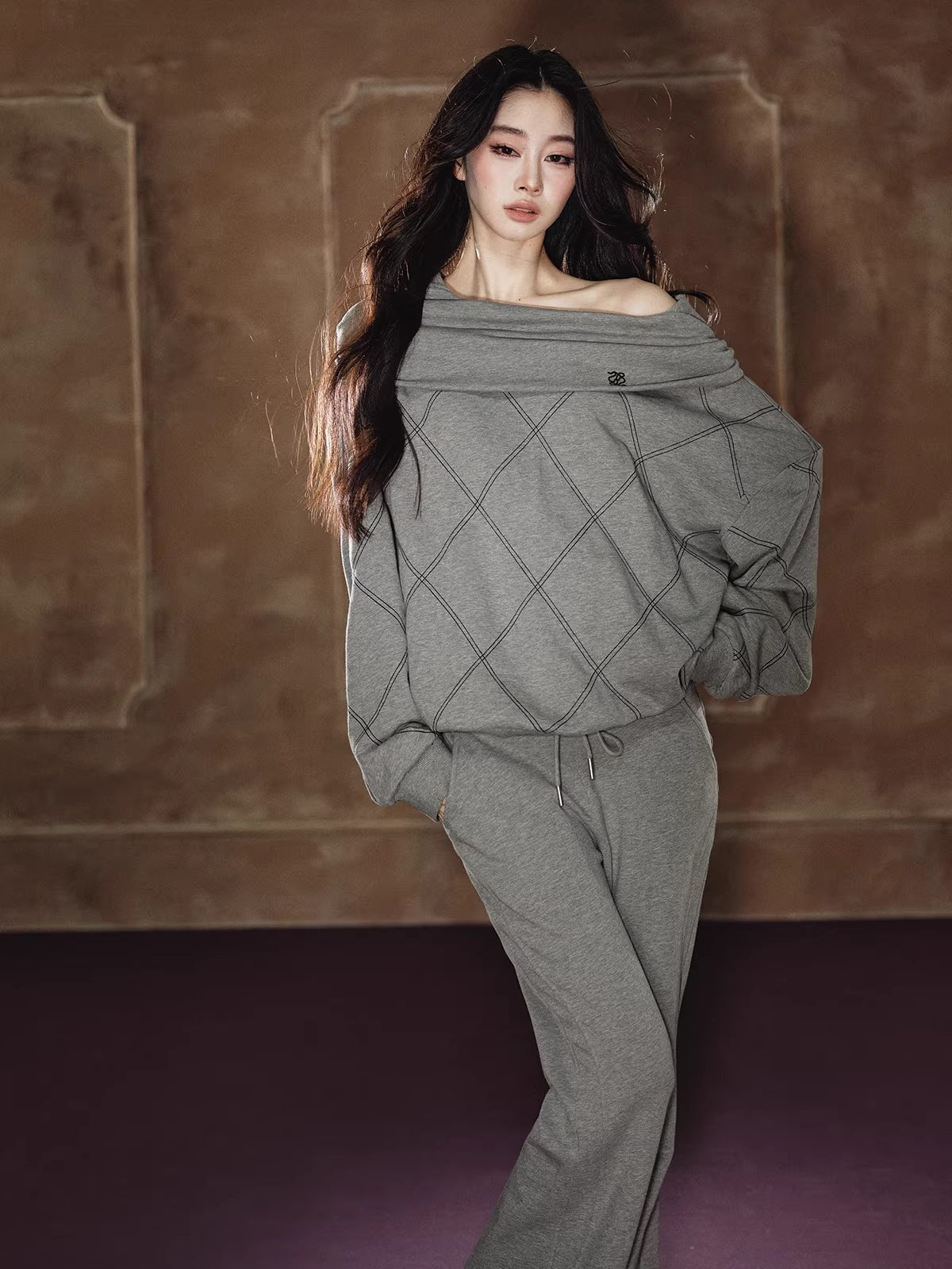 Off-Shoulder Sweatshirt &amp; Flared Wide-Leg Sweatpants Set