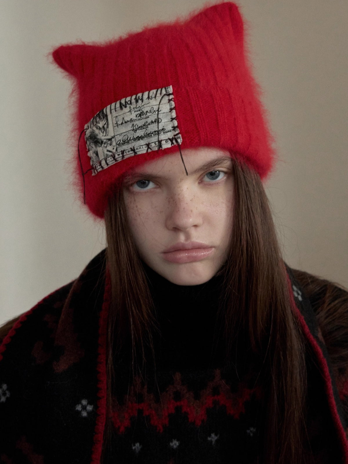 Hand-Stitched Cat-Ear Angora Knit Beanie