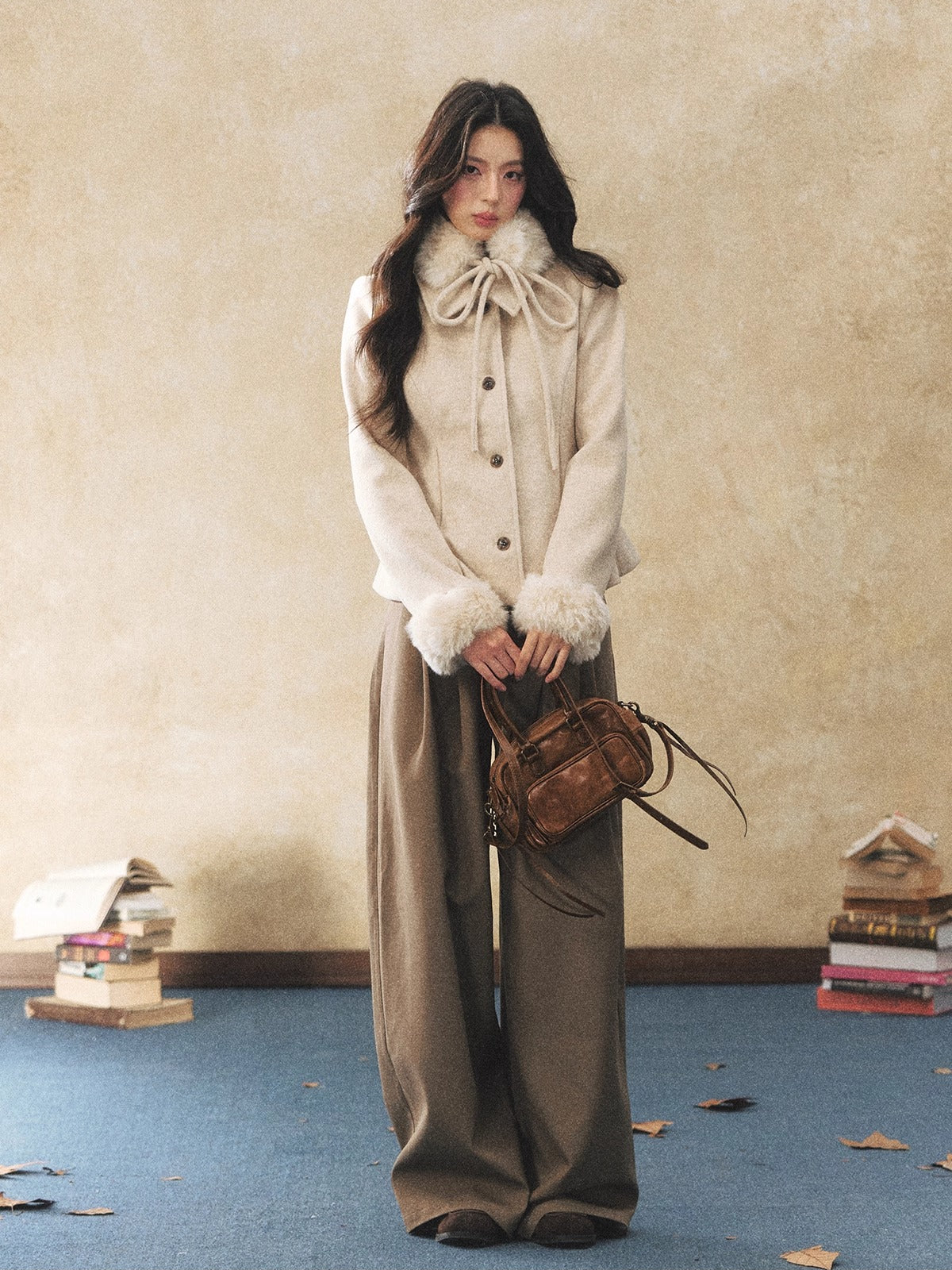 Khaki Fluid Wide-Leg Pleated Trousers