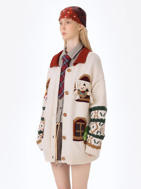 Window-View Pattern Retro Knit Cardigan